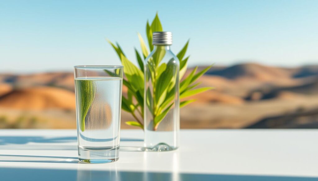 A serene, minimalist scene depicting the wellness benefits of proper hydration. In the foreground, a glass of clear, pure water takes center stage, reflecting soft natural light. Behind it, a lush, verdant plant symbolizes the nourishing, life-giving properties of H2O. The middle ground features a simple, elegant water bottle, its sleek design emphasizing the convenience and accessibility of staying hydrated. In the background, a tranquil landscape with rolling hills and a calm, azure sky sets a tranquil, restorative mood. The overall composition conveys a sense of balance, rejuvenation, and the transformative power of drinking sufficient, high-quality water.