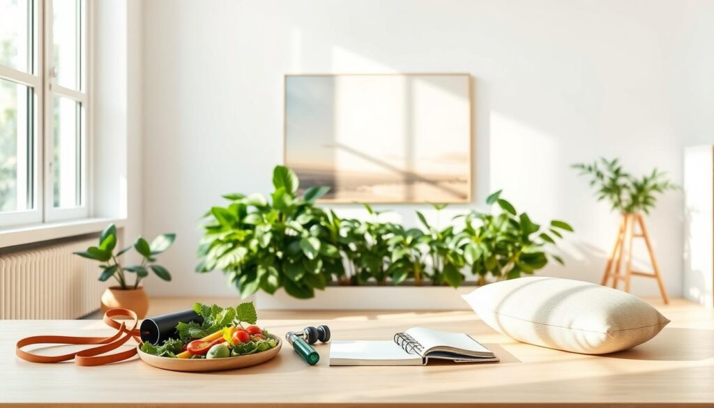 A serene, minimalist wellness vision board in 2025, featuring a soft, natural light filtering through large windows. In the foreground, an assortment of wellness-related elements are neatly arranged: a healthy meal, exercise equipment, a journal, and a meditation cushion. The middle ground showcases a lush, verdant indoor plant garden, symbolizing growth and rejuvenation. In the background, a calming landscape painting or gentle nature imagery evokes a sense of balance and tranquility. The overall atmosphere is one of intentionality, simplicity, and a holistic approach to well-being.