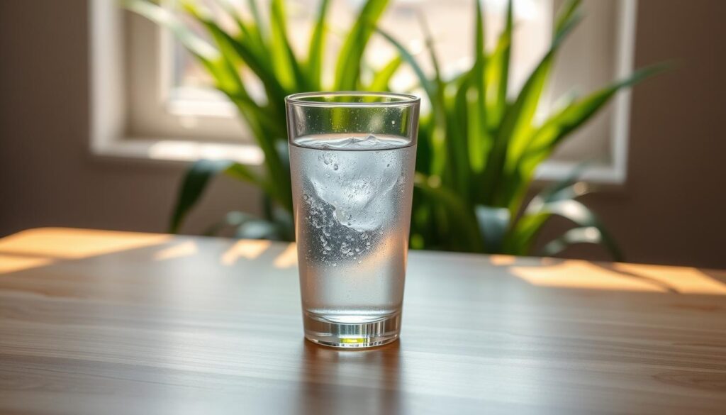 A serene morning scene with a glass of clear, sparkling water placed on a wooden table, reflecting the warm, soft lighting from a nearby window. The glass is positioned against a backdrop of lush, green plants, symbolizing the rejuvenating power of hydration. The tabletop is clean and uncluttered, creating a sense of calm and focus. The lighting is natural and diffused, gently illuminating the scene and casting subtle shadows. The overall mood is one of tranquility and mindfulness, inviting the viewer to pause and appreciate the simple pleasure of replenishing the body with water before starting the day.
