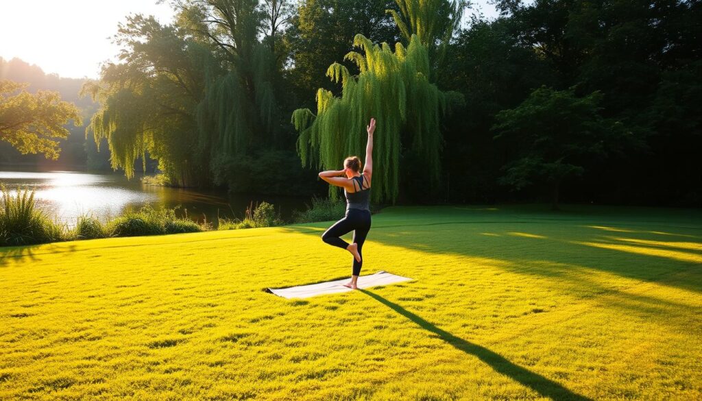 A serene morning scene with a person performing gentle yoga poses on a lush green lawn. Warm, natural lighting creates a soft glow, casting long shadows. In the background, a tranquil body of water reflects the surrounding foliage. The subject moves with graceful fluidity, finding balance and inner peace to start the day. The atmosphere is one of rejuvenation, mindfulness, and a healthy lifestyle embraced. A wide-angle lens captures the peaceful setting, inviting the viewer to join in this restorative morning routine.