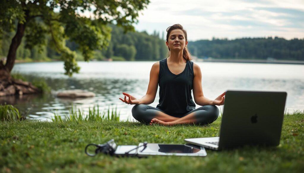 A serene outdoor setting with a peaceful lakeside surrounded by lush greenery. In the foreground, a person sits cross-legged, eyes closed, engaged in mindful meditation, their face radiating a sense of calm. In the middle ground, various digital devices - a smartphone, tablet, and laptop - are neatly arranged, suggesting a deliberate separation from technology. The background features a softly lit sky with wispy clouds, creating a tranquil, restorative atmosphere. The overall scene conveys the concept of "digital detox" and the importance of establishing healthy boundaries with technology to improve wellness habits.