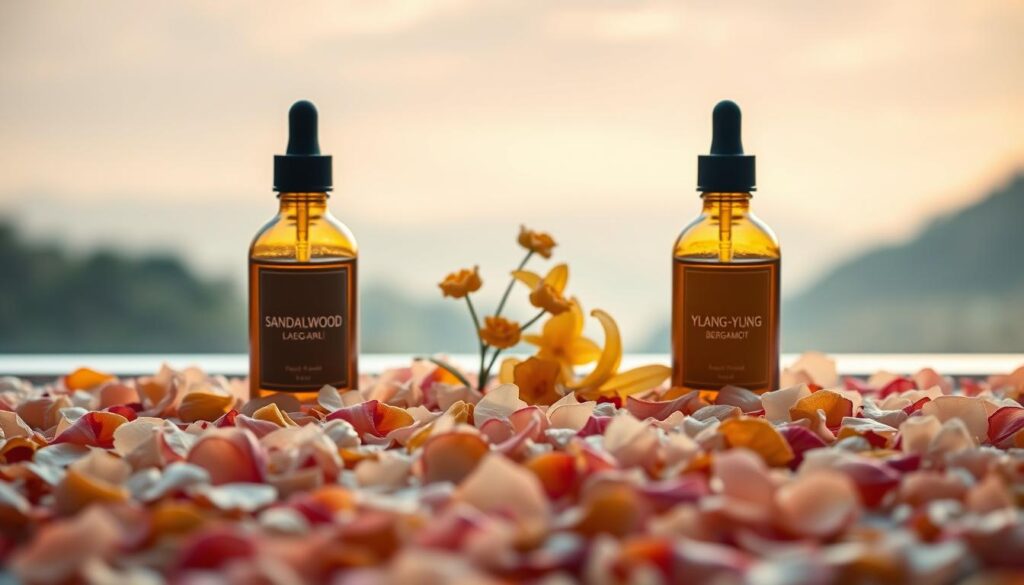 A serene, spa-like scene showcasing a trio of essential oils in elegant glass bottles. In the foreground, a bed of fragrant sandalwood, ylang-ylang, and bergamot petals cascades across the frame, their warm, earthy, and floral aromas intertwining. The middle ground features the three bottles, their labels subtly illuminated by soft, diffused lighting, creating a tranquil, inviting atmosphere. In the background, a hazy, blurred landscape suggests a peaceful, natural setting, complementing the calming mood. The overall composition exudes a sense of harmony and well-being, inviting the viewer to indulge in the therapeutic power of these mood-lifting scents.