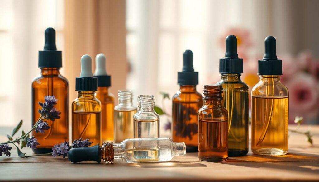 A serene still life arrangement showcasing an assortment of essential oil bottles and dropper pipettes against a soft, blurred floral background. Warm lighting from the side creates gentle shadows and highlights the translucent textures of the glass containers. The composition features a variety of essential oil bottles in earthy, botanical tones such as lavender, eucalyptus, and bergamot, arranged harmoniously on a natural wooden surface. The overall atmosphere exudes a sense of tranquility and emotional wellness, inviting the viewer to experience the calming power of aromatherapy.