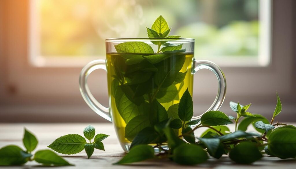 A serene still life composition featuring a glass cup filled with vibrant green holy basil (tulsi) tea, set against a soft, natural backdrop. Warm, diffused lighting gently illuminates the scene, creating a calming, introspective atmosphere. In the foreground, the fragrant tulsi leaves and delicate steam rising from the tea cup are the focal points, symbolizing the soothing, adaptogenic properties of this ancient medicinal herb. The midground showcases a few fresh tulsi sprigs, their deep green hues and delicate textures adding depth and texture to the scene. The background is a tranquil, out-of-focus natural setting, perhaps a window overlooking a lush garden, hinting at the holistic, grounding benefits of this stress-relieving beverage.