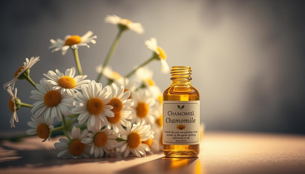 A serene still life featuring a bouquet of delicate chamomile flowers, their petals glowing softly in warm, diffused lighting. In the foreground, a glass bottle filled with golden chamomile essential oil reflects the gentle radiance, its label showcasing the calming properties of this natural elixir. The background is a tranquil, blurred setting, evoking a sense of peaceful tranquility. Soft shadows and a muted color palette create an atmosphere of relaxation and mindfulness, inviting the viewer to experience the soothing benefits of this natural remedy.
