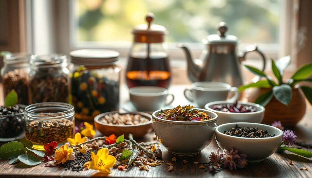 A serene still life featuring an assortment of healing teas and natural supplements arranged on a wooden table. In the foreground, a variety of tea leaves, flowers, and aromatic herbs are artfully displayed in glass jars and ceramic bowls, evocative of their calming properties. Slightly out of focus in the middle ground, a steaming teapot and a few delicate tea cups stand ready to be filled, suggesting the ritual of brewing a soothing cup. The background is softly blurred, hinting at a tranquil, sun-dappled setting, creating an atmosphere of restorative peace and mindful respite.