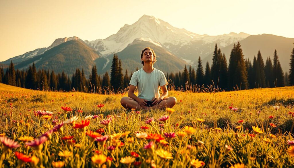 A serene, sunlit meadow with vibrant wildflowers in the foreground. In the middle ground, a person sits cross-legged, eyes closed, hands resting gently on their lap, radiating a sense of calm and inner peace. Behind them, a majestic, snow-capped mountain range rises, its peaks bathed in a warm, golden glow, symbolizing the transformative power of daily affirmations. The scene is captured with a wide-angle lens, creating a sense of expansiveness and wonder. The overall atmosphere is one of tranquility, introspection, and the profound impact of positive self-talk on personal growth and well-being.