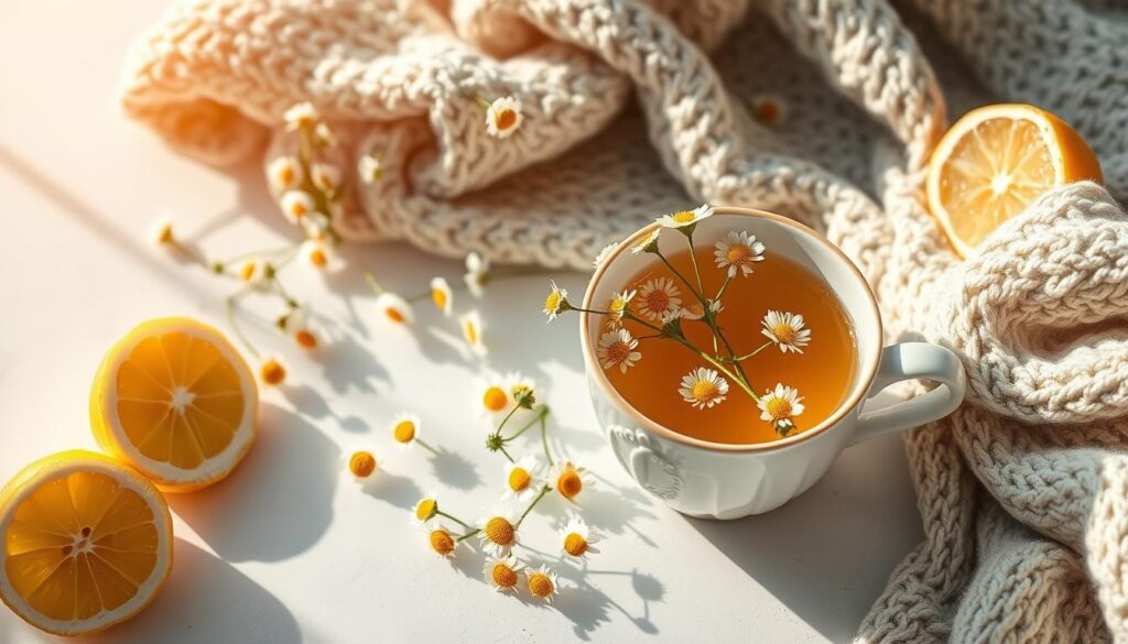 A serene, sunlit tabletop scene featuring a delicate porcelain teacup filled with chamomile herbal tea, surrounded by fresh chamomile flowers, lemon slices, and a cozy knitted blanket. Warm, soft lighting casts a soothing glow, while textural details like the teacup's glazed surface and the gentle folds of the blanket evoke a sense of comfort and relaxation. The arrangement is styled to emphasize the calming, restorative qualities of chamomile, inviting the viewer to pause and savor the moment of tranquility.