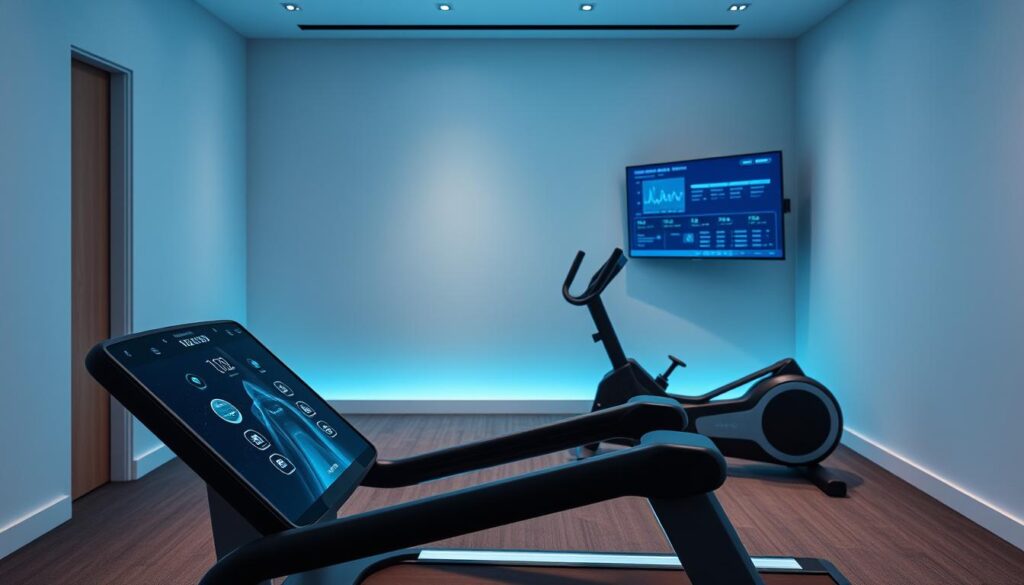 A sleek, minimalist home gym with state-of-the-art fitness equipment and smart technology. In the foreground, a high-tech treadmill with a large, seamless touchscreen interface and ambient lighting. Toward the middle, a futuristic rowing machine with a streamlined design and digital performance tracking. In the background, a wall-mounted TV displaying real-time biometric data and workout programs. The space is bathed in cool, indirect lighting, creating a serene, tech-forward atmosphere. The overall scene conveys a sense of efficiency, convenience, and the integration of cutting-edge fitness tech into a modern, aspirational home setting.
