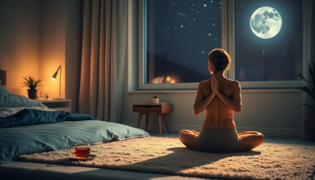 A softly lit bedroom scene, showcasing a serene nighttime wellness routine. In the foreground, an individual sitting cross-legged on a plush rug, practicing gentle stretches and deep breathing exercises. Dim, warm lighting emanates from a bedside table, casting a cozy glow. In the middle ground, a minimalist wooden nightstand holds a cup of herbal tea and a small succulent plant. The background features a large, oversized window, offering a tranquil view of a moonlit, starry night sky. The overall atmosphere is one of quiet contemplation and relaxation, capturing the essence of the "Physical Relaxation Techniques for Better Sleep" section.