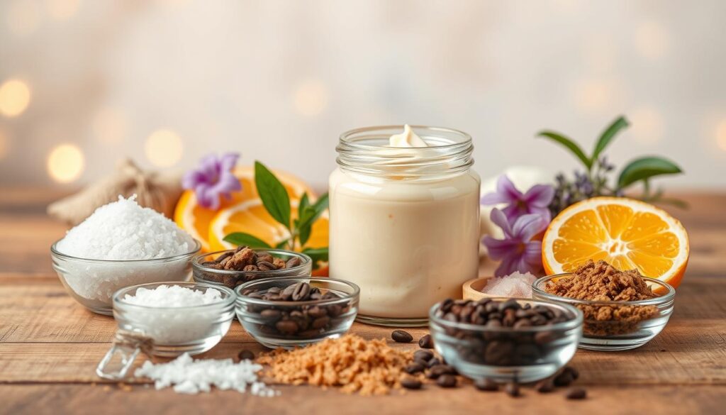 A spa-like setting with an assortment of natural, homemade body scrub ingredients arranged artfully on a wooden surface. In the foreground, a variety of exfoliating materials such as sea salt, brown sugar, and ground coffee beans are displayed in small glass bowls. In the middle ground, a glass jar filled with a rich, creamy body butter or moisturizer takes center stage, surrounded by fresh citrus slices, herbs, and flowers to evoke a sense of relaxation and pampering. The background features a soft, diffused lighting creating a warm, soothing ambiance, with a subtle bokeh effect to draw the viewer's eye to the main subject.