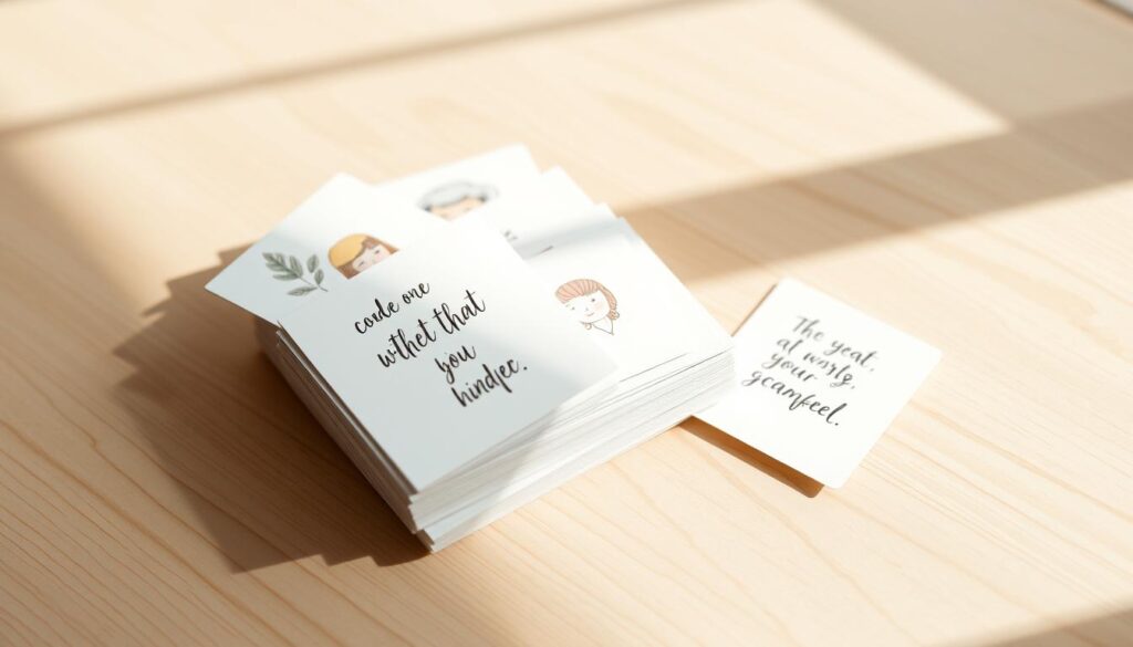 A stack of ten beautifully designed affirmation cards, laid out on a minimalist, light-colored wooden surface. The cards feature a variety of elegant, hand-drawn illustrations and motivational text in a clean, modern typeface. The lighting is soft and natural, creating a warm, inviting atmosphere. The composition is balanced and visually appealing, with the cards positioned in a visually pleasing arrangement. The overall mood is one of tranquility, inspiration, and a sense of daily mindfulness and positivity.