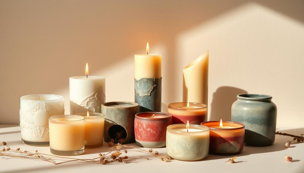 A still life arrangement of artisanal candles in various shapes, sizes, and hues, delicately crafted with intricate textures and patterns. The candles are set against a neutral, minimalist backdrop, allowing their organic forms and rich colors to take center stage. Warm, soft lighting casts gentle shadows, creating a cozy, inviting atmosphere. The candles are presented in a visually striking, yet elegantly simple composition, showcasing their unique, handmade qualities. Subtle hints of natural elements, such as dried flowers or twigs, add an earthy, artisanal touch to the scene. The overall mood is one of refined elegance and thoughtful, handcrafted beauty.