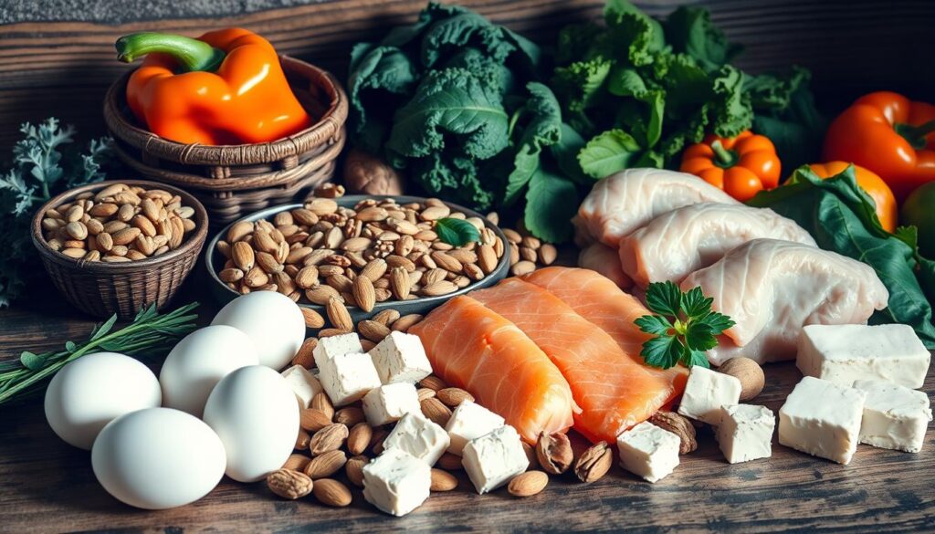 A still life composition featuring a variety of protein-rich foods that support the immune system. In the foreground, arrange a selection of eggs, salmon fillets, chicken breasts, and tofu cubes on a rustic wooden table. In the middle ground, include a mix of nuts and seeds such as almonds, walnuts, and pumpkin seeds. In the background, display leafy greens like spinach and kale, as well as other immune-boosting produce like bell peppers and citrus fruits. Illuminate the scene with soft, natural lighting from the side, casting subtle shadows and highlights to create depth and texture. Capture the arrangement at a slight angle to provide a visually interesting perspective.