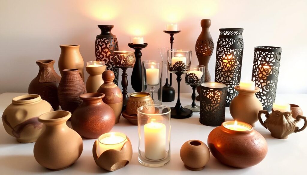 A striking arrangement of unique candle holders, each a work of art in its own right. In the foreground, an array of sculptural ceramic vessels in earthy tones and organic forms, some with intricate patterns and textures that cast captivating shadows. In the middle ground, elegant glass holders with intricate metalwork details, their flickering flames dancing with the light. The background features a minimalist, well-lit setting, allowing the candle holders to take center stage and create a warm, inviting ambiance. Warm, soft lighting illuminates the scene, casting a cozy glow and emphasizing the craftsmanship and beauty of these one-of-a-kind candle holders that elevate any living space.