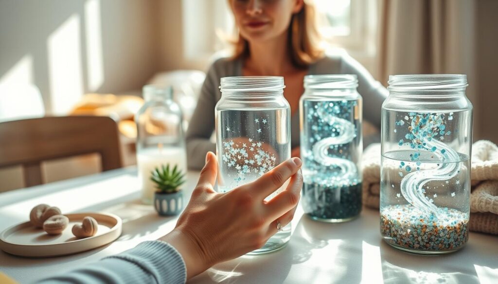 A sun-dappled table with a collection of mindfulness jars, each containing swirling glitter and calming liquids. In the foreground, a woman's hands gently hold a jar, her face reflecting a serene expression as she observes the mesmerizing patterns within. The middle ground features an assortment of self-care items - a scented candle, a small succulent, and a plush blanket - creating a cozy, meditative atmosphere. The background is softly blurred, suggesting a peaceful, domestic setting. Warm, natural lighting casts a soothing glow, heightening the sense of tranquility and inner focus.