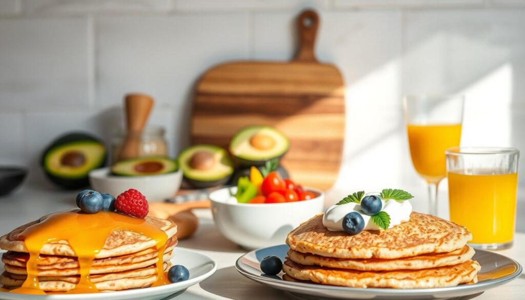 A sunlit kitchen counter showcases an array of nutrient-rich breakfast options. In the foreground, a carefully arranged spread features a stack of fluffy whole-grain pancakes drizzled with golden honey, a bowl of creamy Greek yogurt topped with vibrant berries, and a glass of freshly squeezed orange juice. In the middle ground, a rustic wooden cutting board displays slices of avocado, crisp bell peppers, and juicy tomatoes, hinting at the versatile ingredients for a balanced meal. The background features a minimalist whitewashed wall, allowing the vibrant colors and textures of the breakfast spread to take center stage. Soft, warm lighting casts a cozy glow, capturing the essence of a rejuvenating morning routine.