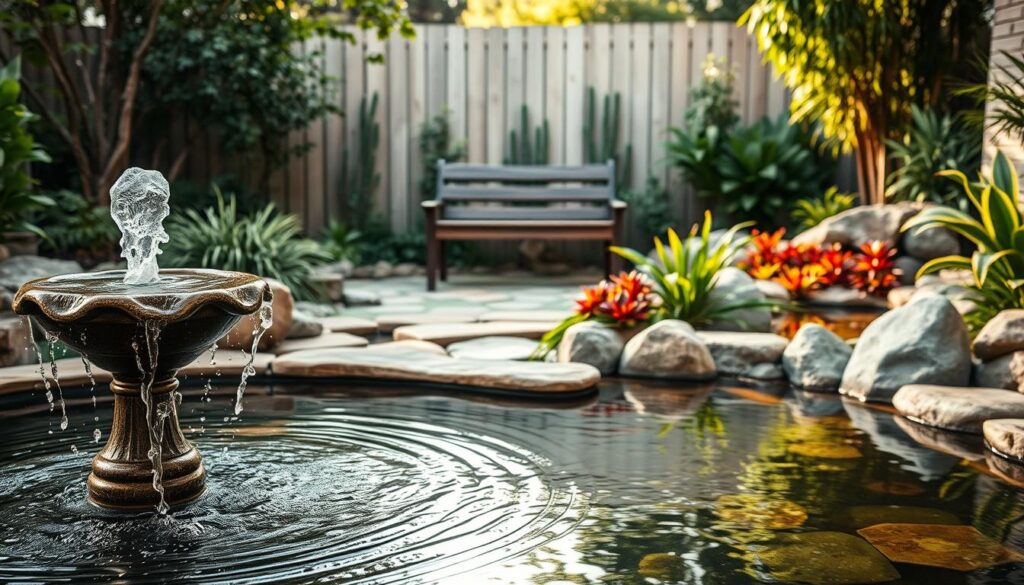 A tranquil backyard oasis with a budget-friendly water feature, surrounded by lush greenery and natural stone. In the foreground, a serene, bubbling fountain with delicate water cascades and reflecting pool. The middle ground features rustic wooden benches inviting relaxation, while the background showcases a low-maintenance water garden with colorful aquatic plants. Soft, diffused natural lighting casts a warm, inviting glow across the scene, creating a soothing, spa-like ambiance. The overall composition emphasizes an affordable, DIY-friendly backyard water feature that seamlessly blends into a harmonious outdoor living space.