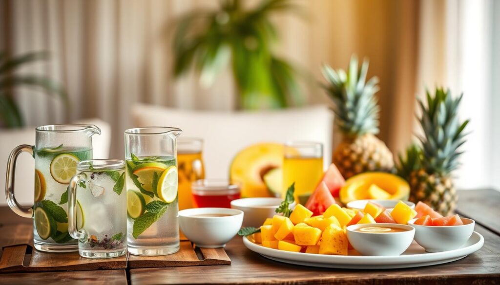 A tranquil, spa-inspired scene featuring an assortment of refreshing beverages on a rustic wooden table. In the foreground, a selection of infused water pitchers with sliced citrus, cucumber, and mint leaves. Beside them, a tray of chilled herbal teas in delicate porcelain cups. In the middle ground, a platter of fresh tropical fruits - juicy pineapple, mango, and watermelon cubes. The background is softly blurred, conveying a sense of zen-like calm, with the warm glow of natural light filtering through sheer curtains. The overall mood is one of relaxation, rejuvenation, and enjoyment of simple, budget-friendly pleasures.