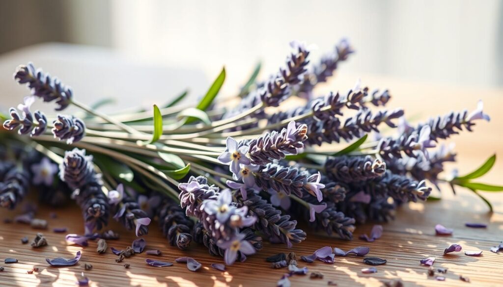 A tranquil still life featuring lavender sprigs and flowers in soft natural lighting. The lavender blooms are arranged artfully on a wooden surface, with hints of dried lavender leaves and petals surrounding them. The lighting is soft and diffused, creating a calming, spa-like atmosphere. The composition is balanced and visually appealing, emphasizing the soothing and therapeutic properties of the lavender scent. The image captures the essence of relaxation and wellness, perfectly suited to illustrate the "Lavender: The Ultimate Calming Agent" section of the article.
