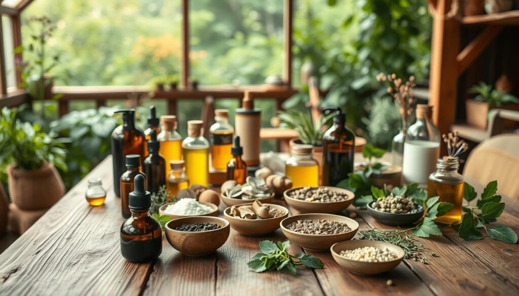 A tranquil wooden table, its surface adorned with an array of natural skincare ingredients. In the foreground, an assortment of bottles, jars, and bowls filled with organic oils, herbs, and botanicals. The midground features a serene, airy atmosphere with soft, diffused lighting, highlighting the natural textures and colors of the ingredients. In the background, a lush, verdant setting with a sense of seasonal change, perhaps a cozy cabin or greenhouse, suggesting the harmony between nature and skincare. The overall mood is one of calm, wellness, and a reverence for the power of natural remedies.