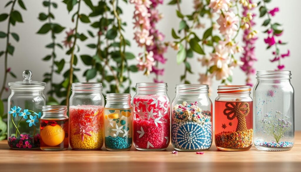 A vibrant and whimsical still life depicting an assortment of mindfulness jars for people of all ages. In the foreground, a row of decorative glass jars in varying sizes and shapes, filled with colorful liquids, glitter, and other calming sensory elements. Cascading behind them, a lush botanical backdrop with leafy plants and delicate flowers. Soft, diffused lighting bathes the scene in a serene, contemplative glow. The jars are positioned at different heights, creating a sense of depth and visual interest. This warm, inviting composition captures the versatility of mindfulness jars, appealing to the senses of children, teenagers, and adults alike.