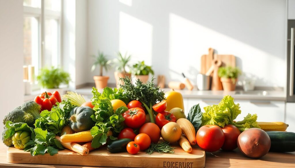 A vibrant, light-filled kitchen scene showcasing a variety of fresh, wholesome ingredients. In the foreground, an assortment of brightly colored produce - crisp vegetables, juicy fruits, and leafy greens - neatly arranged on a wooden cutting board. Sunlight streams in through large windows, casting a warm, natural glow over the scene. In the middle ground, a sleek, minimalist kitchen counter with a few simple cooking tools and utensils. The background features clean, white walls and a few strategically placed plants, creating a calming, serene atmosphere. The overall mood is one of simplicity, health, and a dedication to clean, nourishing eating habits.