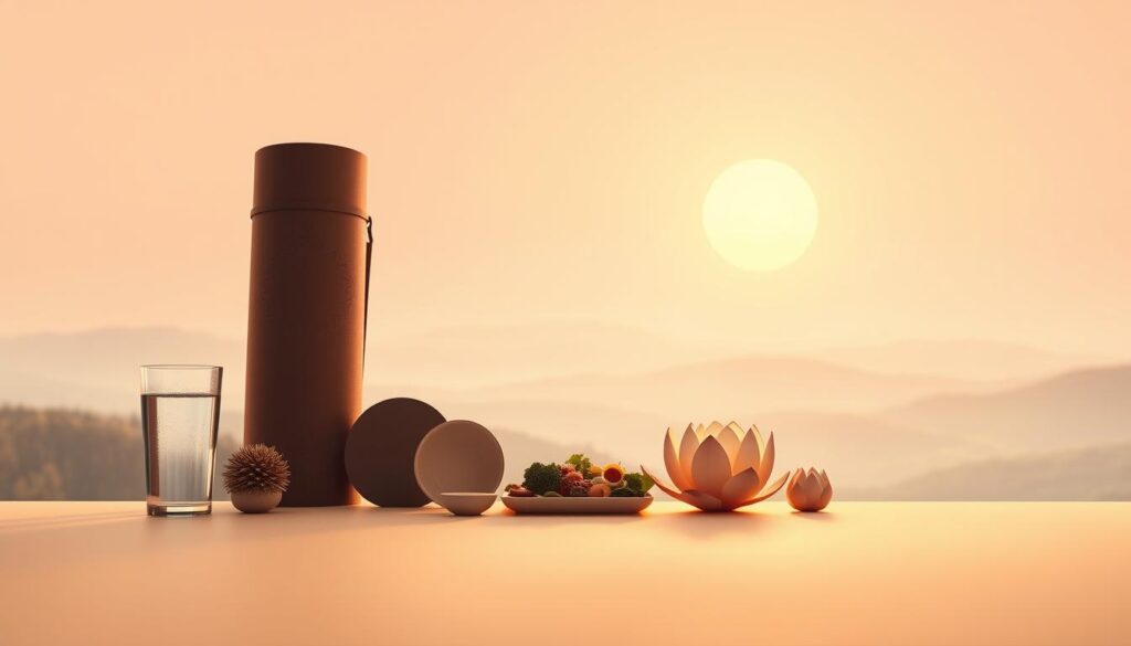 A vibrant, minimalist wellness vision board set against a soft, hazy background. In the foreground, a collection of wellness-themed icons and symbols - a yoga mat, a glass of water, a healthy meal, a lotus flower, and a glowing sun. The middle ground features a serene landscape with rolling hills and a calming, pastel-tinted sky. Lighting is warm and diffused, creating a gentle, introspective atmosphere. The composition is balanced and visually striking, guiding the viewer's eye through the various elements of the wellness journey.