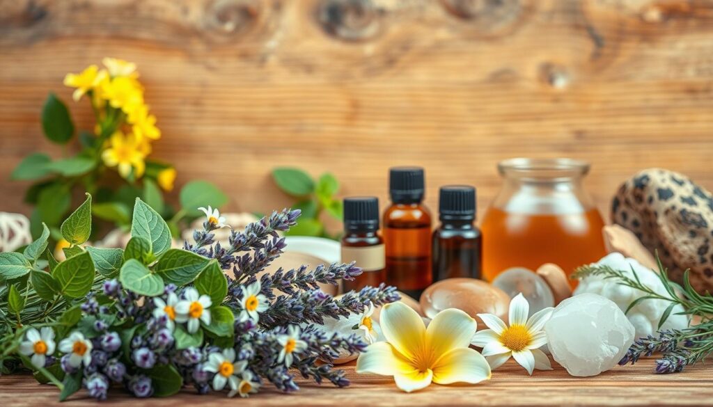 A vibrant, natural still life composition showcasing 10 effective remedies for stress and fatigue. In the foreground, an assortment of calming botanicals such as lavender, chamomile, and lemon balm are artfully arranged. In the middle ground, a collection of soothing herbal teas, essential oils, and relaxing crystals. The background features a warm, earthy tone with natural textures like wood and stone, creating a serene, wellness-inspired atmosphere. Soft, diffused lighting illuminates the scene, highlighting the natural colors and textures. The overall composition conveys a sense of balance, tranquility, and the power of nature to alleviate stress and fatigue.