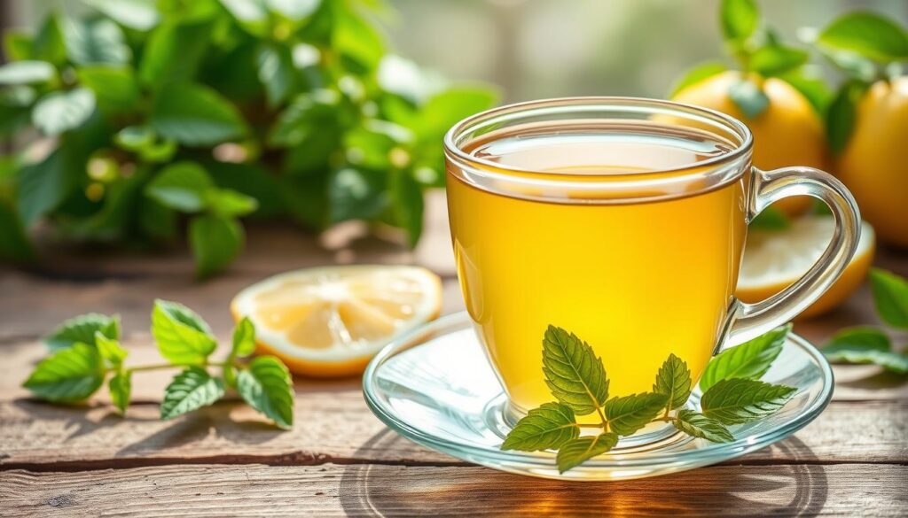 A vibrant, soothing image of lemon balm herbal tea benefits. In the foreground, a delicate glass teacup filled with a fragrant, golden-hued tea, steam rising gracefully. Lemon balm leaves, their verdant hues and soft textures, artfully arranged around the cup. The middle ground features a rustic wooden surface, with a sprig of fresh lemon balm and a lemon wedge, hinting at the natural, calming ingredients. The background is bathed in soft, natural lighting, creating a serene, tranquil atmosphere. The overall composition evokes a sense of peace, comfort, and the restorative power of this gentle, mood-lifting herb.
