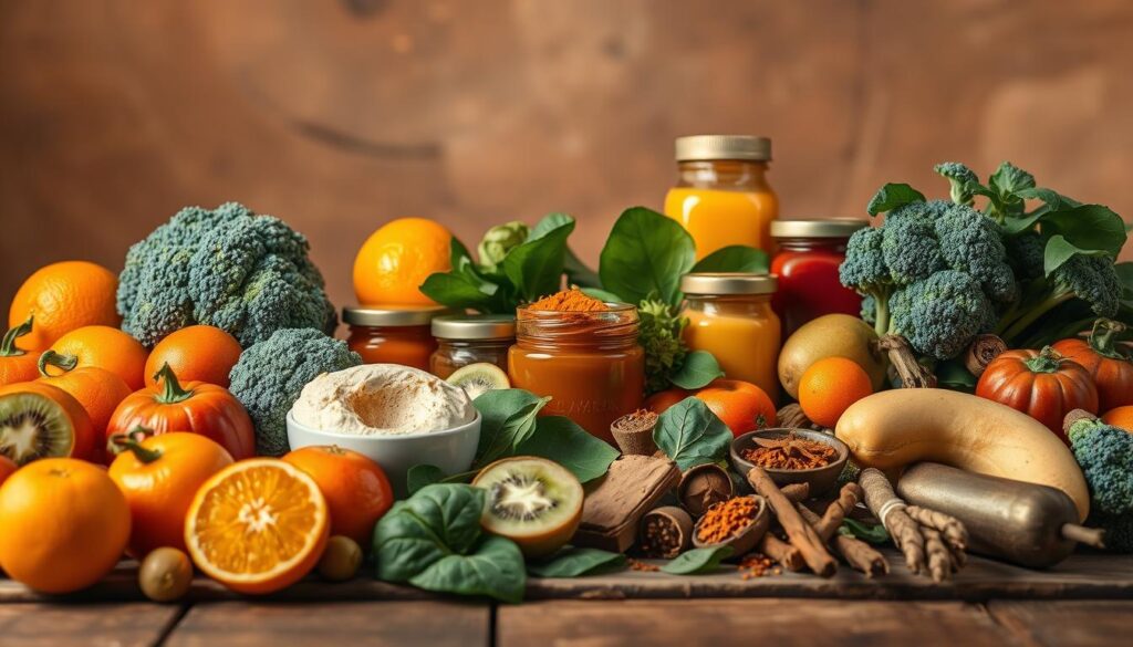 A vibrant still life arrangement showcasing an assortment of nutrient-dense superfoods on a rustic wooden table. In the foreground, a variety of fresh fruits and vegetables such as oranges, kiwis, broccoli, and spinach leaves are arranged artfully. In the middle ground, jars of honey, turmeric, and other immune-boosting spices and herbs are positioned. The background features a softly lit, earthy backdrop that emphasizes the natural, wholesome quality of the ingredients. Warm, golden lighting casts a nourishing glow over the scene, creating an inviting and appetizing atmosphere. The overall composition conveys the idea of a bountiful, health-promoting spread of superfoods.