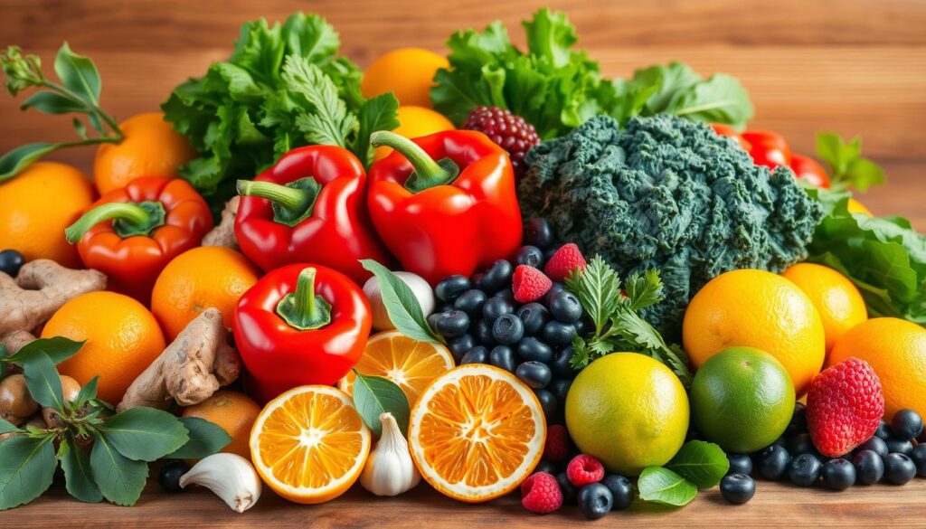 A vibrant still life featuring an assortment of immune-boosting foods for the cold season, bathed in warm, natural lighting. In the foreground, a variety of citrus fruits, including oranges, lemons, and limes, artfully arranged alongside vibrant red bell peppers, fresh ginger, and garlic cloves. In the middle ground, a collection of leafy greens, such as kale and spinach, alongside antioxidant-rich berries like blueberries and raspberries. The background showcases a wooden table or rustic surface, creating a cozy, inviting atmosphere. The overall composition conveys the abundance and health benefits of these 15 cold-fighting foods, inspiring the viewer to incorporate them into their diet during the winter months.