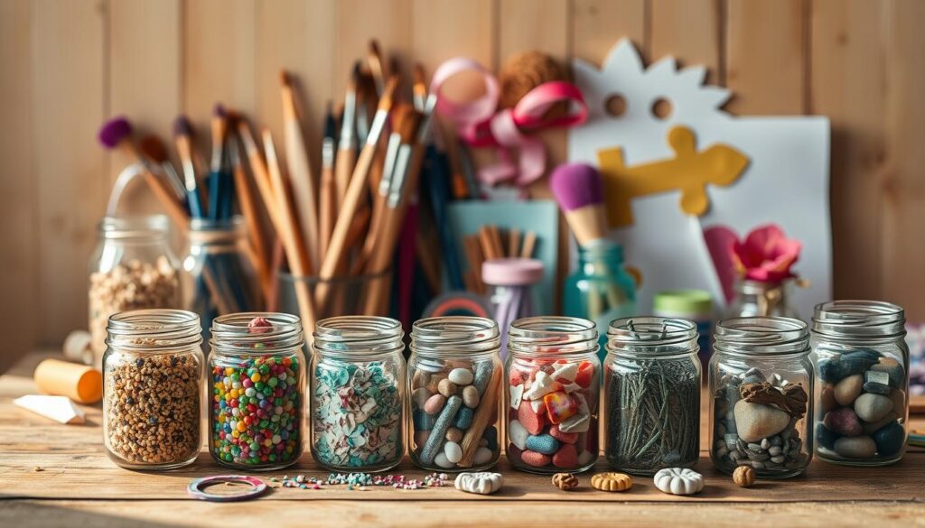 A vibrant still life showcasing an array of mindfulness crafts, meticulously arranged on a wooden surface. In the foreground, an array of mason jars, each containing unique textures and colorful elements - glitter, beads, stones, and dried flowers. The middle ground features an assortment of materials and tools, such as paint brushes, ribbons, and paper cutouts, hinting at the creative process. The background is softly blurred, allowing the crafts to take center stage, illuminated by warm, natural lighting that casts gentle shadows, evoking a sense of tranquility and focus. The overall composition conveys a harmonious balance of mindfulness, creativity, and personal expression.