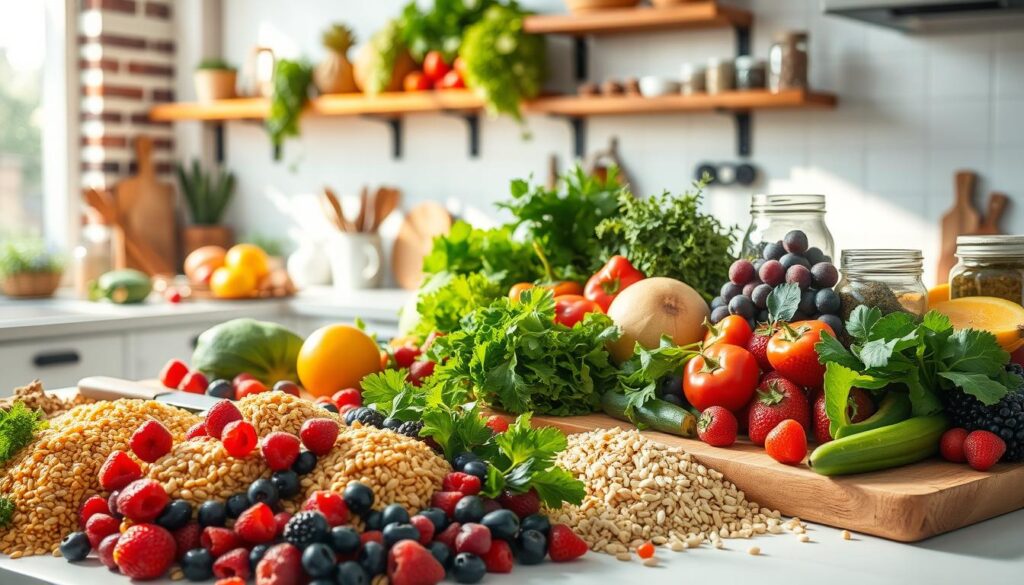 A vibrant, sun-filled kitchen scene featuring an abundance of fresh, colorful produce and healthy, nourishing ingredients. In the foreground, an artfully arranged spread of whole grains, leafy greens, vibrant berries, and crisp vegetables, conveying a sense of vitality and balance. In the middle ground, a wooden cutting board with a knife, whole fruits, and glass jars filled with superfoods and spices, suggesting the preparation of a wholesome, homemade meal. The background showcases an airy, light-filled space with natural textures, such as exposed brick or wooden shelves, evoking a warm, inviting ambiance that embodies a wellness-focused lifestyle. The overall composition exudes a sense of harmony, simplicity, and the nourishing power of whole, unprocessed foods.