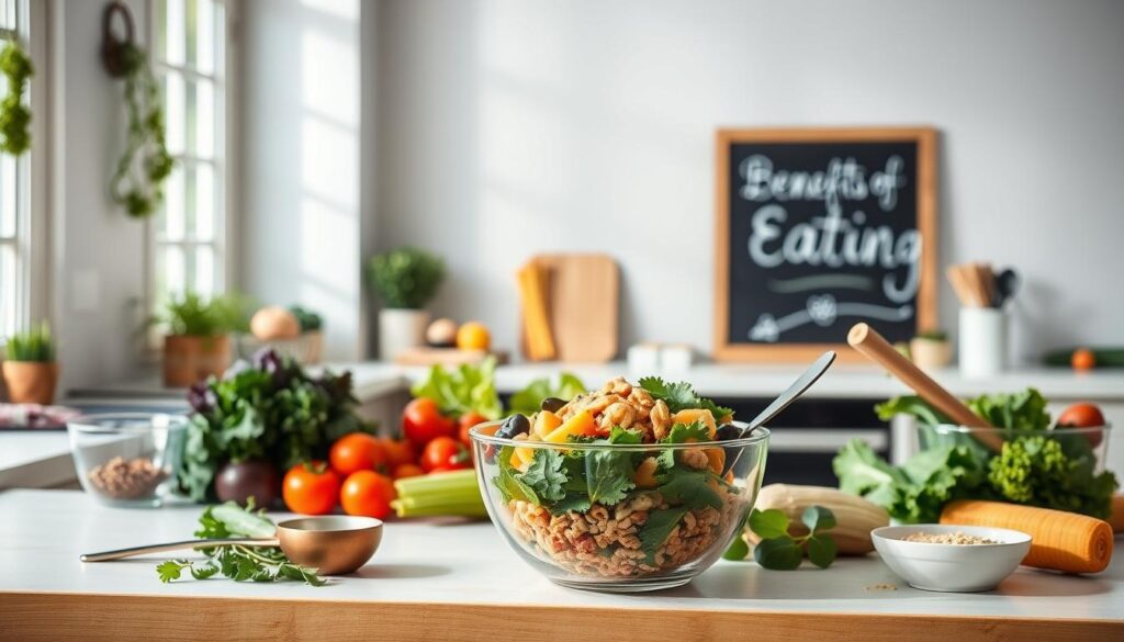 A vibrant, well-lit kitchen interior with a clean, minimalist design. On the countertop, an array of fresh, colorful ingredients - leafy greens, vibrant vegetables, lean protein, and wholesome grains. A meal prep bowl filled with a balanced, nutrient-dense clean eating dish takes center stage, surrounded by measuring cups, spoons, and other cooking utensils. Soft, natural lighting filters through large windows, creating a warm, inviting atmosphere. In the background, a chalkboard with the words "Benefits of Clean Eating" written in elegant calligraphy. The overall scene conveys the nourishing, rejuvenating power of a clean eating lifestyle.
