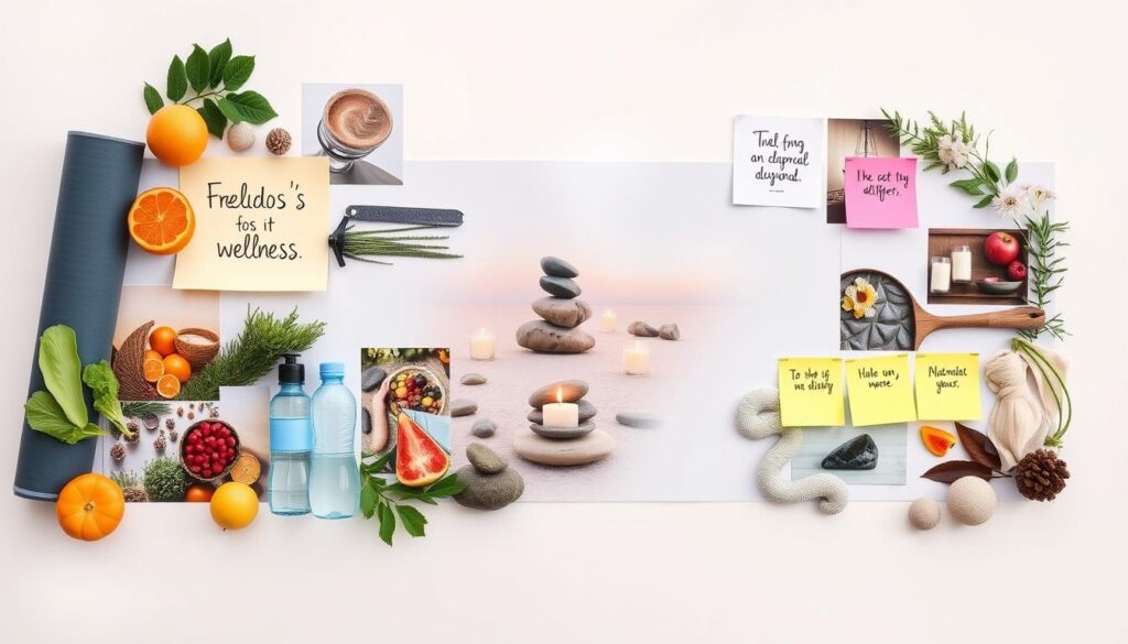 A visually striking wellness vision board for 2025, featuring a collage of wellness-themed images and objects arranged on a clean, minimalist background. The foreground showcases a variety of inspirational wellness items such as fresh produce, yoga mats, water bottles, and motivational affirmations written on colorful sticky notes. The middle ground features a serene, zen-like landscape with elements like natural stones, candles, and ambient lighting, creating a soothing, meditative atmosphere. The background is a soft, neutral tone that allows the wellness-focused elements to take center stage. The overall composition is balanced, harmonious, and visually appealing, capturing the essence of a wellness vision board for the year 2025.