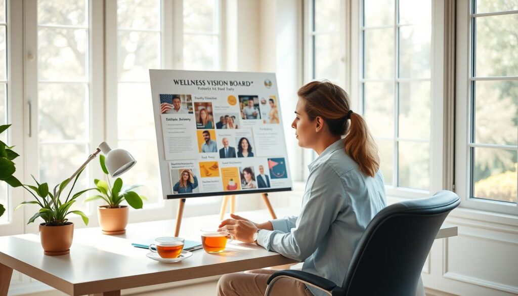 A well-lit, airy home office with a large desk and comfortable chair. On the desk, a person thoughtfully examines a wellness vision board, filled with inspiring images, affirmations, and goal-setting notes. The board is displayed on an easel, allowing easy daily reference. Soft natural light streams in through large windows, creating a serene, focused atmosphere. A healthy potted plant and a cup of herbal tea complete the calming, productivity-enhancing scene. The person's expression is one of focused engagement, contemplating the vision board and their wellness journey.