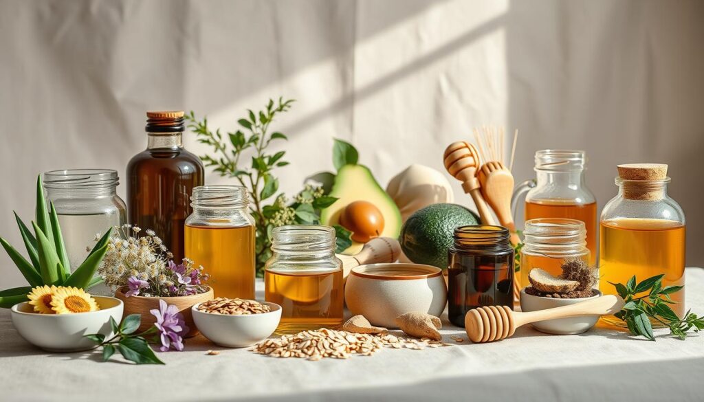 A well-lit, artfully composed still life scene showcasing a variety of natural skincare ingredients and remedies for different skin types. In the foreground, an assortment of glass jars, ceramic bowls, and wooden utensils filled with botanicals like aloe vera, chamomile, green tea, and essential oils. In the middle ground, a selection of fresh fruits and vegetables like avocado, honey, and oats, arranged in a visually appealing manner. The background features a soft, blurred texture, perhaps a linen or wooden surface, creating a warm, inviting atmosphere. The lighting is natural and diffused, highlighting the vibrant colors and textures of the ingredients. The overall mood is one of wellness, simplicity, and a homemade, DIY aesthetic.