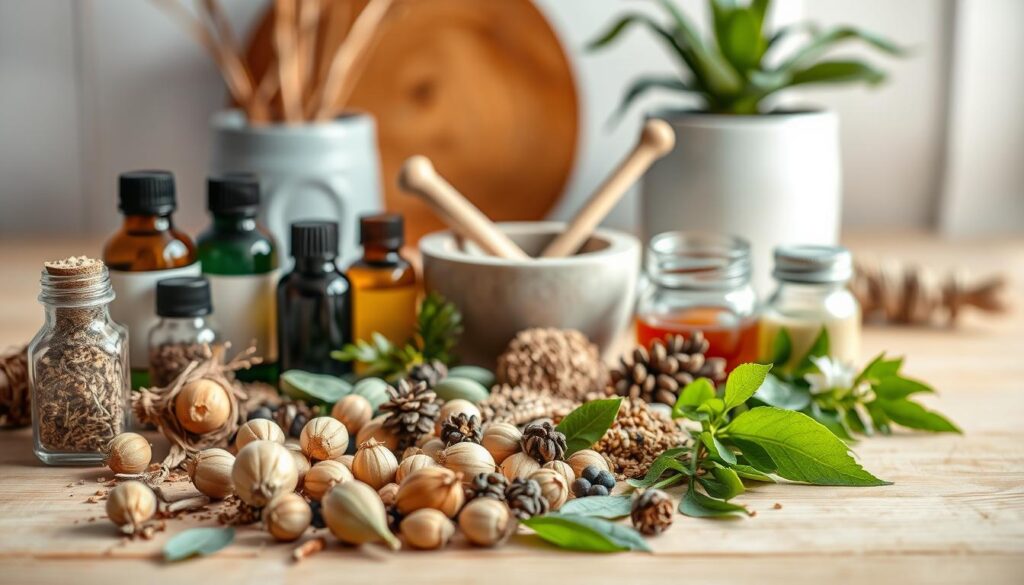 A well-lit, close-up shot of an assortment of natural skincare ingredients arranged on a wooden surface. In the foreground, various pods, leaves, and bottles filled with essential oils, herbs, and botanical extracts. In the middle ground, a mortar and pestle, a spoon, and a few jars of homemade skincare products. The background is softly blurred, showcasing a clean, minimalist atmosphere with a few potted plants or natural fibers providing a subtle textural element. The overall mood is one of simplicity, purity, and a sense of healing, highlighting the natural and handmade nature of these effective DIY skincare remedies.
