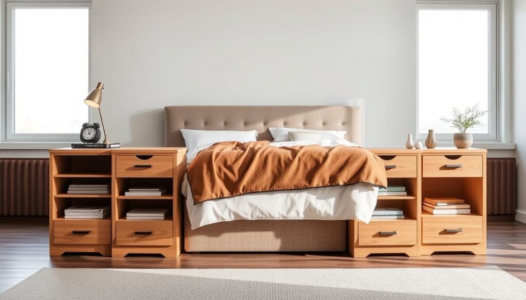 A well-lit, contemporary bedroom setting featuring a pair of multifunctional nightstands in a natural wood finish. The nightstands have a streamlined, minimalist design with multiple storage compartments, shelves, and drawers to maximize space and organization. A reading lamp and alarm clock sit atop each nightstand, casting a warm, inviting glow. The nightstands are placed on either side of a cozy, upholstered bed, creating a harmonious, balanced composition. The room is flooded with soft, diffused natural light from large windows, giving the scene a serene, airy atmosphere. The overall aesthetic conveys a sense of modern, functional elegance.
