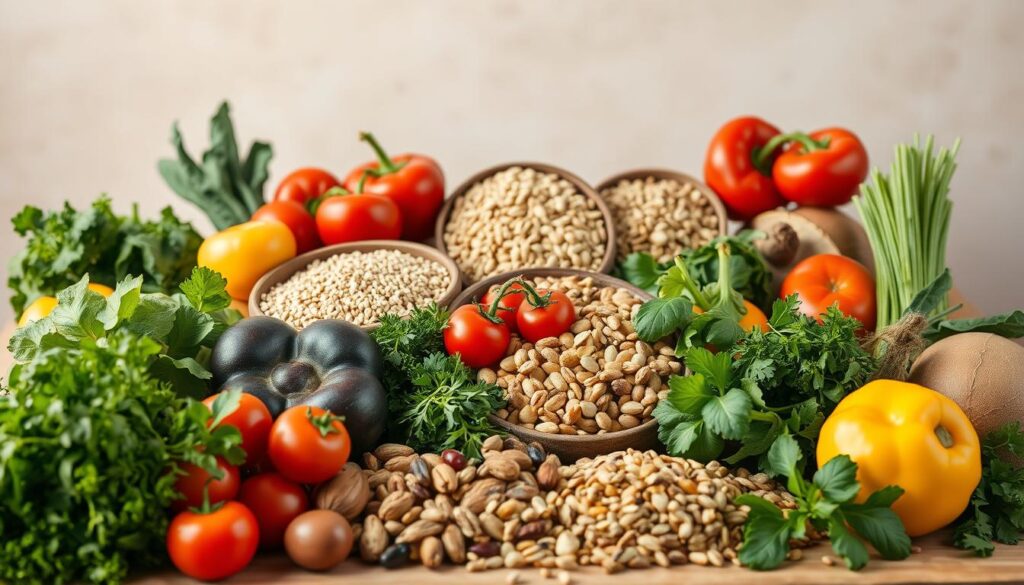 A well-lit, high-quality photograph showcasing the core building blocks of nutrition. In the foreground, a vibrant arrangement of fresh, organic produce - crisp vegetables, plump fruits, and colorful herbs. In the middle ground, various whole grains, nuts, seeds, and legumes neatly displayed. The background features a neutral, soft-focus backdrop, emphasizing the natural, unprocessed nature of these nutritional foundations. Warm, natural lighting casts a gentle glow, highlighting the textures and vibrant hues of the ingredients. The overall composition conveys a sense of balance, wholesome nourishment, and a celebration of the simple, powerful elements that sustain a healthy body.