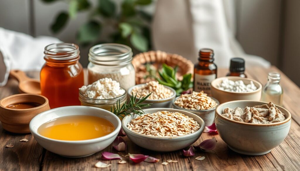 A well-lit, high-quality still life image of an assortment of natural ingredients for homemade facial masks, arranged artfully on a wooden table or rustic surface. In the foreground, an array of bowls and jars containing ingredients like honey, aloe vera, clay, oats, and essential oils. In the middle ground, scattered petals, herbs, and other botanical elements that complement the skin care theme. The background is softly blurred, emphasizing the natural, handcrafted feel. Warm, gentle lighting casts a soothing glow over the scene, capturing the essence of homemade, spa-like self-care.