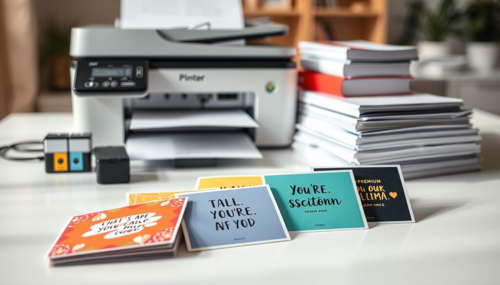 A well-lit, high-resolution photograph showcasing various printable affirmation cards resting on a clean, minimalist workspace. In the foreground, several cards are arranged in an aesthetically pleasing manner, showcasing their vibrant colors, patterns, and inspirational messages. The middle ground features printing supplies, such as a high-quality printer, ink cartridges, and a stack of premium cardstock. The background is a soft, blurred office environment, emphasizing the focus on the affirmation cards. The lighting is natural and diffused, creating a warm, inviting atmosphere that highlights the cards' textures and details. The overall composition is balanced, with a clean, organized, and professional feel, reflecting the practical, yet uplifting nature of the printable affirmation cards.
