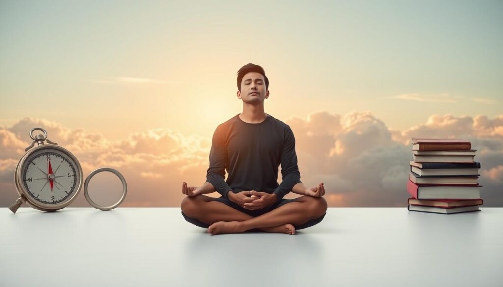 A well-lit, minimalist scene depicting long-term willpower strategies. In the foreground, a person sitting cross-legged in a meditative pose, eyes closed, exuding a sense of focus and discipline. Behind them, a series of visual metaphors for long-term goal-setting and habit formation - a compass, a calendar, and a stack of books symbolizing continuous learning. The background is a serene, cloud-filled sky, bathed in warm, golden light, conveying a sense of clarity, patience, and inner peace. The overall mood is one of determination, perseverance, and the steady accumulation of progress over time.
