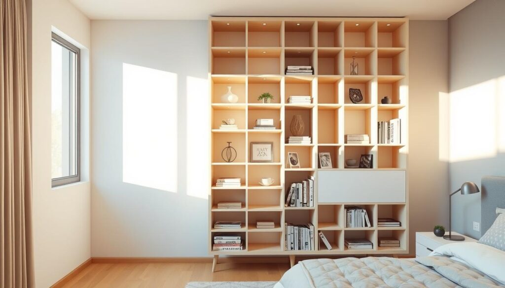 A well-lit, modern bedroom featuring a sleek, vertical storage unit that maximizes wall space. The unit has multiple shelves and compartments of varying depths, allowing for efficient organization and display of books, decor, and personal items. The shelves are constructed of light wood or white lacquer, creating a minimalist, Scandinavian-inspired aesthetic. The unit is positioned against a neutral-toned wall, with natural lighting streaming in from a nearby window, casting a warm, inviting glow. The overall composition emphasizes the vertical lines and clean, streamlined design of the storage solution, highlighting its ability to add functionality and visual interest to the space.