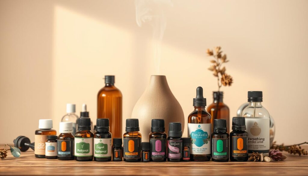 A well-lit still life arrangement showcasing an assortment of essential oil bottles, diffuser, and other aromatherapy accessories. The foreground features a variety of essential oil bottles in various shapes and colors, neatly arranged on a wooden surface. In the middle ground, a modern ceramic diffuser gently emits soothing vapor. The background is a soft, neutral-toned backdrop, creating a calming and serene atmosphere. Warm, directional lighting highlights the details of the products, casting subtle shadows and enhancing the overall aesthetic. The composition is balanced and visually appealing, inviting the viewer to explore the therapeutic benefits of aromatherapy for relaxation and wellness.