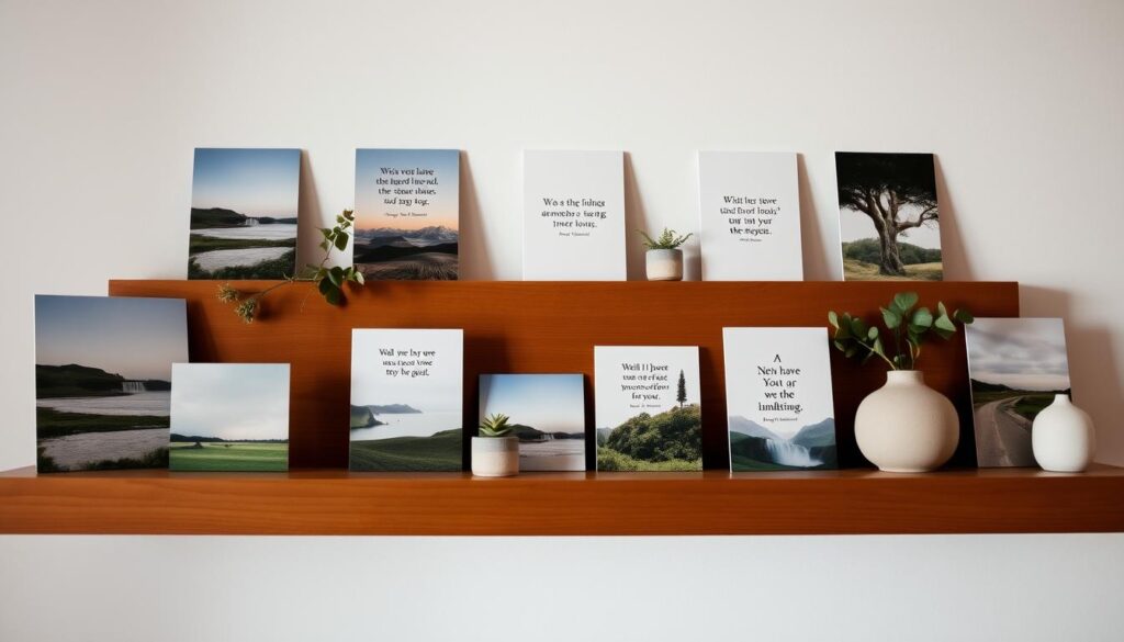 A well-lit wooden shelf displays an assortment of mindfulness cards in a visually appealing arrangement. The cards feature serene nature imagery and inspirational affirmations. A few plants and a simple ceramic vase add natural accents, creating a calming, minimalist ambiance. The cards are positioned at varying angles, some standing upright, others leaning against the wall, conveying a sense of intentional curation. Soft, directional lighting illuminates the scene, highlighting the textures and colors of the cards and decor. The overall composition exudes a sense of tranquility and mindfulness, inviting the viewer to pause and reflect.