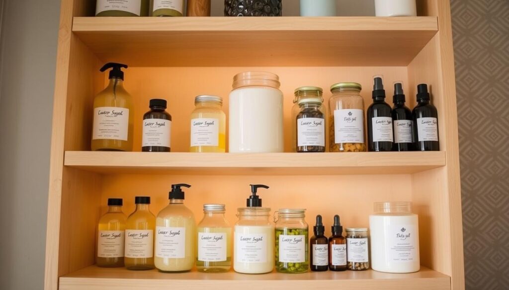 A well-organized and neatly arranged shelving unit, bathed in warm, diffused lighting. On the shelves, an assortment of labeled glass jars, each containing homemade beauty products like lotions, scrubs, and essential oils. The products are displayed with care, showcasing their natural, handcrafted qualities. In the background, a subtle pattern or texture, perhaps a soft, neutral-toned fabric, adds depth and warmth to the scene. The overall atmosphere exudes a sense of order, tranquility, and the personal care and attention put into the storage and presentation of these homemade treasures.