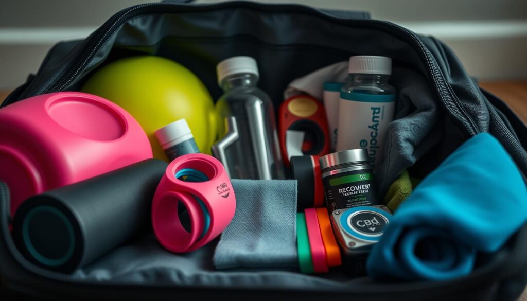 A well-organized gym bag with a variety of recovery tools arranged neatly. In the foreground, a foam roller, massage ball, and resistance bands in various colors. In the middle ground, a water bottle, electrolyte tablets, and a small towel. In the background, a heating pad, ice pack, and a jar of CBD balm. The lighting is soft and diffused, creating a soothing, relaxing atmosphere. The camera angle is slightly elevated, providing a comprehensive view of the contents. The overall mood is one of mindful recovery and self-care, essential for the active individual.