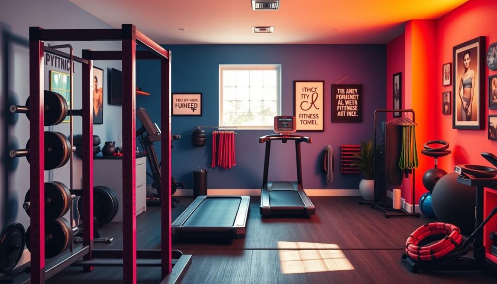 A well-organized home gym with a vibrant, energizing color scheme. In the foreground, a sleek weight rack in a bold, motivating hue stands as the focal point. The middle ground features a plush, high-performance treadmill and a set of resistance bands in complementary tones, inviting the viewer to engage in an intense workout. The background showcases inspirational fitness decor, such as framed wall art and motivational quotes, all bathed in warm, natural lighting that creates a sense of invigoration. The overall aesthetic is a harmonious blend of functionality and visual appeal, designed to uplift and energize the user during their fitness journey.